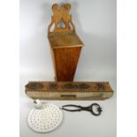 A WELSH PINE CANDLEBOX, METAL SALT-CUTTERS, ENAMEL MILK SKIMMER & PINE SILK PRINTER Provenance: by