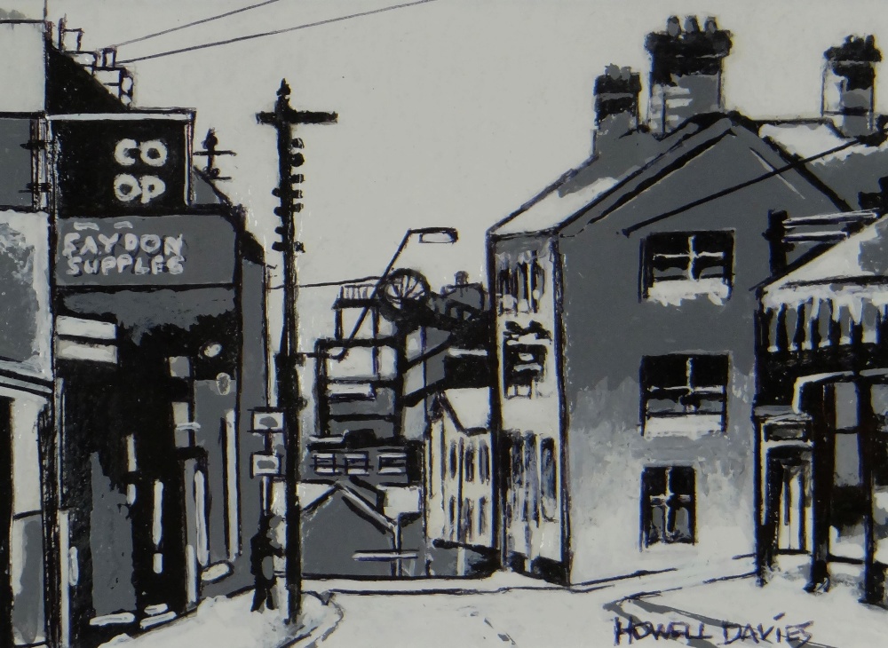 HOWELL DAVIES acrylic on board - South Wales street scene entitled verso 'Pontycymer', signed, 12