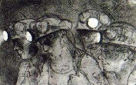 VALERIE GANZ limted edition (18/40) monochrome print - the heads of four miners with headlamps,