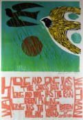 PAUL PETER PIECH limited edition (22/25) linocut print - birds in flight with stylized text from '