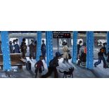 NICK HOLLY acrylic - busy station platform, entitled verso 'Downtown Train, NYC', signed, 16 x