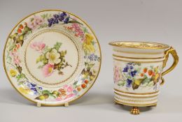 A VERY FINE SWANSEA CABINET CUP & SAUCER DECORATED BY WILLIAM POLLARD, the cup raised on three