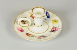 A RARE SWANSEA PORCELAIN TAPERSTICK with circular stand, cylindrical nozzle and ring-handle, the