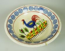 A LLANELLY POTTERY COCKEREL DECORATED BOWL manner of Sarah Jane Roberts, 27cms diam