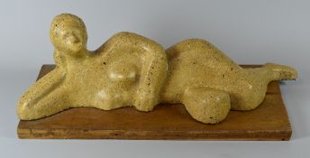 GWENDOLINE DAVIES stone carving on wood base - reclining figure, 47cms long