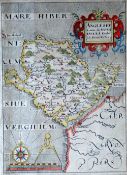 CHRISTOPHER SAXTON coloured antique map of 'Anglesey' with cartouche, compass and scale, 30.5 x