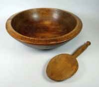 A LARGE WELSH SYCAMORE FARMHOUSE BOWL WITH BUTTER SCOOP both with turned decoration, bowl 37.5cms