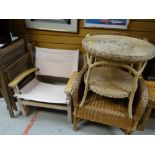 A conservatory wicker armchair & table together with a canvas & lightwood chair etc