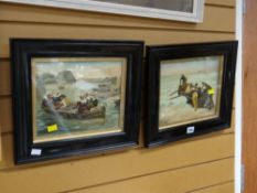 A pair of antique overpainted prints of maritime scenes with small boats & figures, signed (