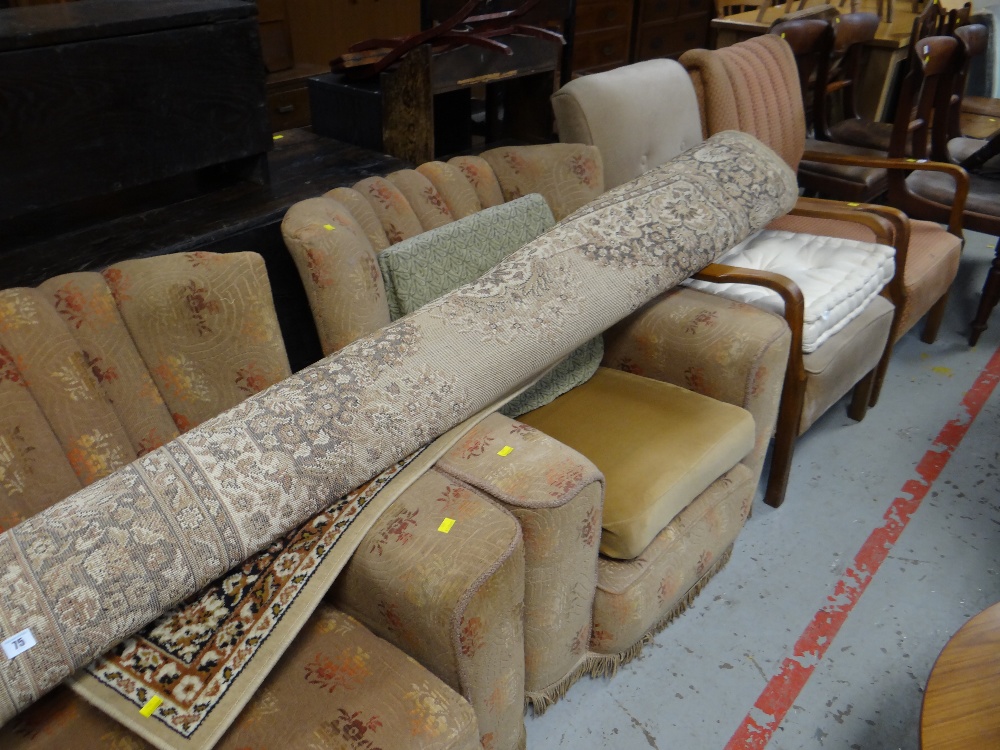 Two vintage similarly framed armchairs together with a pair of 1940s armchairs from a suite