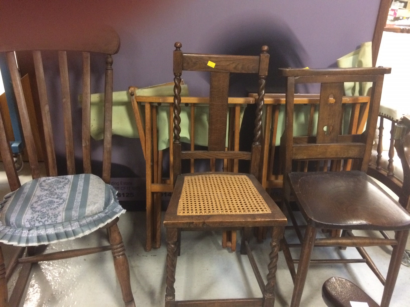 Parcel of chairs to include a small dark stained rocker, an oak church chair, barley-twist & rattan