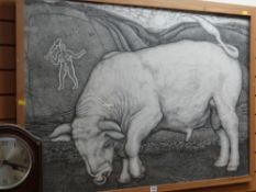 An impressive pen & ink drawing of a prize bull
