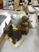 A provincial Chinese provision jar, a metal feline model etc