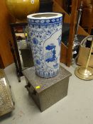 A blue & white pottery umbrella stand & a white metal coal box