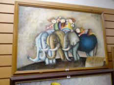 A framed oil on canvas by Raybal entitled 'Elephant Trio' with certificate