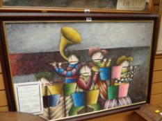 A framed oil on canvas by Raybal entitled 'Musicians'