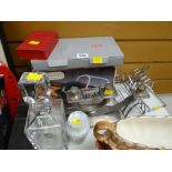 A parcel or metalwork including candelabra, two items of glassware etc