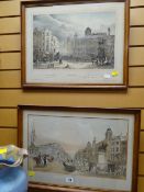 A pair of antique prints of London together with a modern darkwood framed mirror