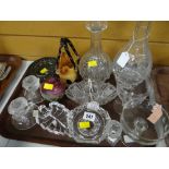 A parcel of mixed glassware including decanters, etched glass wine glass etc