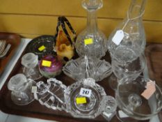 A parcel of mixed glassware including decanters, etched glass wine glass etc