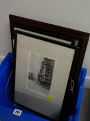 A pair of topographical signed etchings, a framed print of an otter & a framed needlework sample