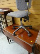 An antique drop-leaf table on twist supports together with a chrome supported office chair & another