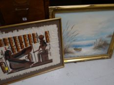 A framed Egyptian painting together with a modern gilt framed oil on canvas of a beached sailing