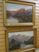 A pair of framed oil on canvas landscapes of Scottish Highland scenes with rivers & livestock by J M