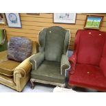 A pair of vintage wingback armchairs & another together with leather cushion-style footstool