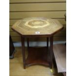 An hexagonal marquetry two-tier occasional table