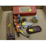 A parcel of collectables including novelty pottery figures, old syringe & pen etc