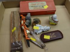 A parcel of collectables including novelty pottery figures, old syringe & pen etc