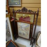 An antique barley-twist mahogany tapestry fire screen (distressed) & another with watercolour