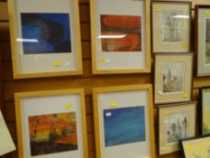 A set of four modern framed abstract paintings (Sussex artist) & three local prints