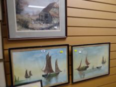 A pair of primitive maritime watercolours & a framed print