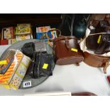 A parcel of vintage items including binoculars, 'Y Ddraig Goch' plate, hip flask etc