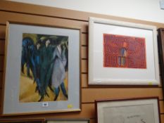 A framed watercolour of figures and a framed textile panel of a colourful bird