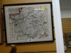 A Christopher Saxton coloured & tinted antique map of Carmarthenshire entitled 'Caermardi'