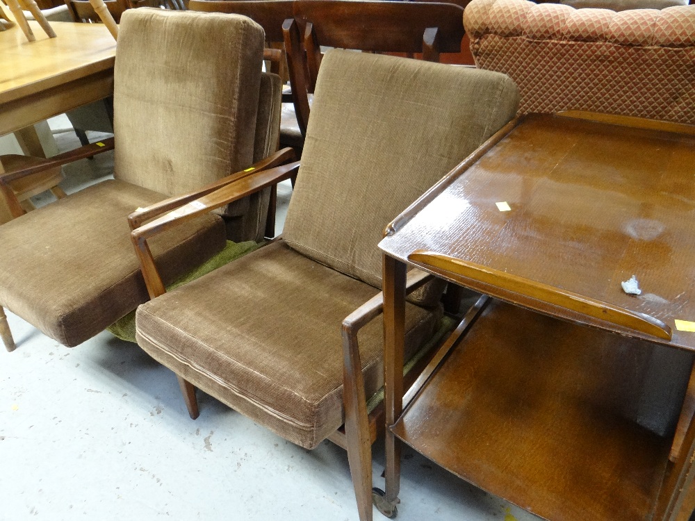 A vintage polished dinner wagon & a pair of vintage adjustable back teak framed & cushioned