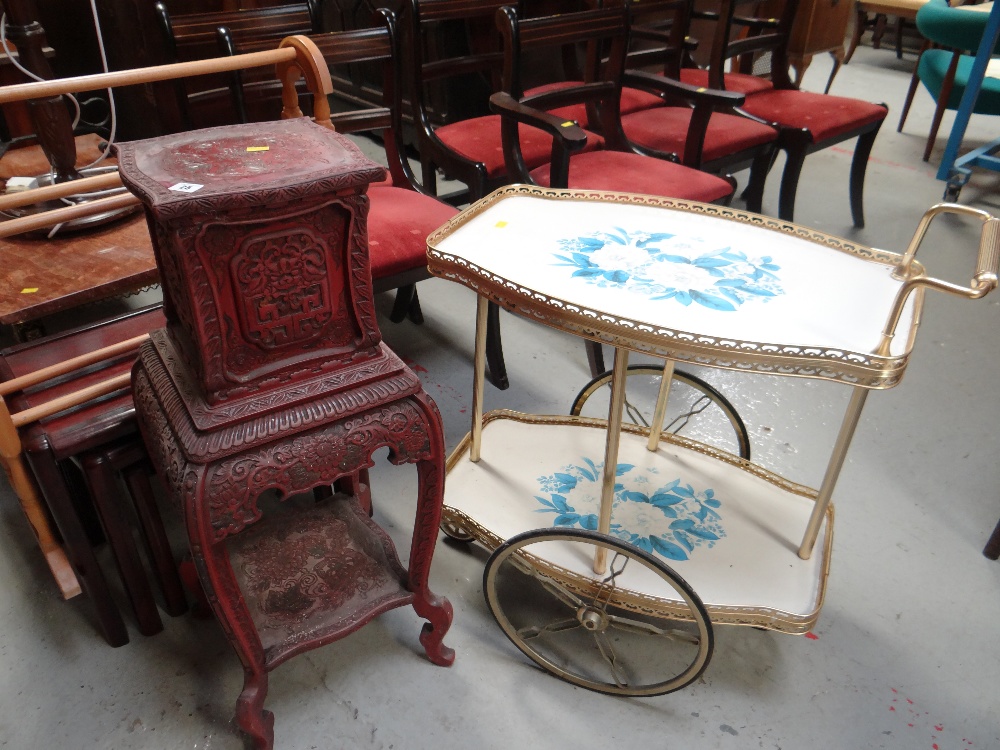 An unusual Oriental-style lacquer work jardiniere stand and a retro kitsch dinner wagon, pine