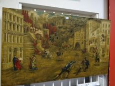 A printed material picture on board with various Shakespearean scenes