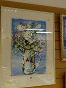 Framed watercolour of still life flowers in a jug