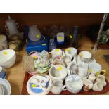 A tray of mixed glassware & a tray of china including souvenir ware