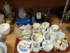 A tray of mixed glassware & a tray of china including souvenir ware