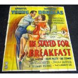 HE STAYED FOR BREAKFAST original cinema poster from 1940, poster is numbered, folded and in four