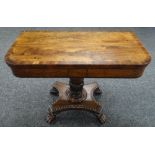 A FINE QUALITY ROSEWOOD VICTORIAN FOLDOVER CARD TABLE on an excellent claw footed shaped platform-