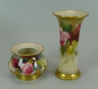 A SMALL ROYAL WORCESTER TRUMPET VASE & BOWL both decorated with wild-roses, vase 11.25cms high (bowl
