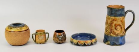 A GROUP OF FIVE DOULTON LAMBETH STONEWARE ITEMS comprising miniature sgraffito decorated bough