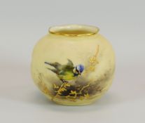 A SMALL ROYAL WORCESTER GLOBULAR VASE of lobed form, painted with a garden bird on gilded