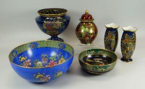 A GROUP OF CARLTONWARE POTTERY ITEMS etc comprising early footed bowl in blue ground, the interior